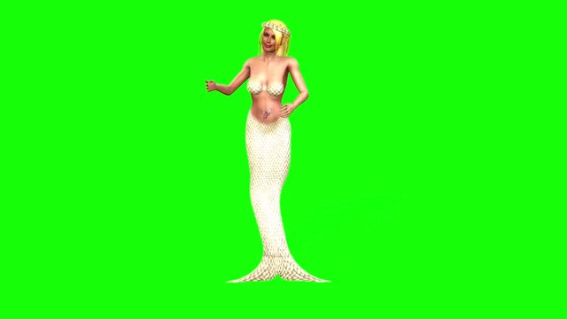 4K 3d animation of a blonde mermaid talking and moving on a green screen background.