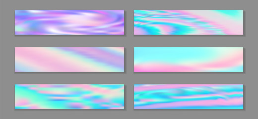 Fototapeta premium Neon holo luminous banner horizontal fluid gradient mermaid backgrounds vector set. Kawaii 