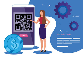 scan qr code with business woman and icons vector illustration design