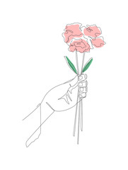 Obraz premium Continuous line drawing. Hand holding flower. Express feelings. Isolated on white background. Vector illustration.