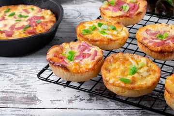 Belarusian pie, Smazhenka, with sausage, egg and topped with green onion