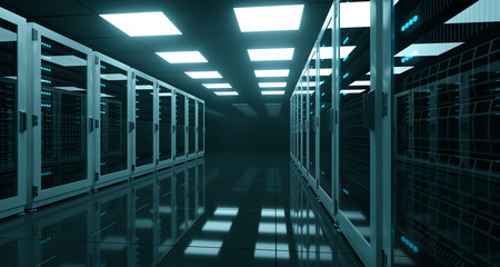 Big High Tech Server Data Center With Reflective Floor And A Lot Of Servers Artificial Intelligence Concept. 3D Rendering