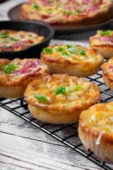 Belarusian pie, Smazhenka, with sausage, egg and topped with green onion