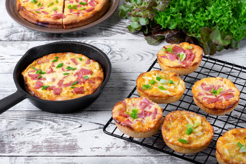 Belarusian pie, Smazhenka, with sausage, egg and topped with green onion