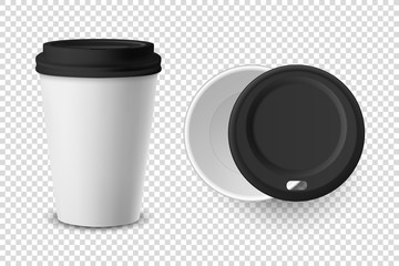 Vector 3d Realistic Disposable Opened and Closed with Lid Paper, Plastic Coffee Cup for Drinks Icon Set Closeup Isolated on Transparent Background. Design Template, Mockup. Top and Front View