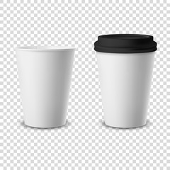 Vector 3d Realistic Disposable Opened and Closed with Lid Paper, Plastic Coffee Cup for Drinks Icon Set Closeup Isolated on Transparent Background. Design Template, Mockup. Front View