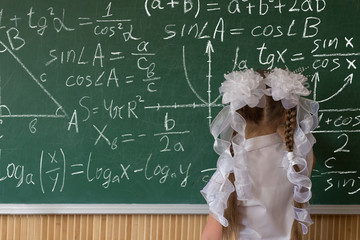A girl in a white blouse near the school board writes mathematical formulas. Knowledge Day, back to school, concept.