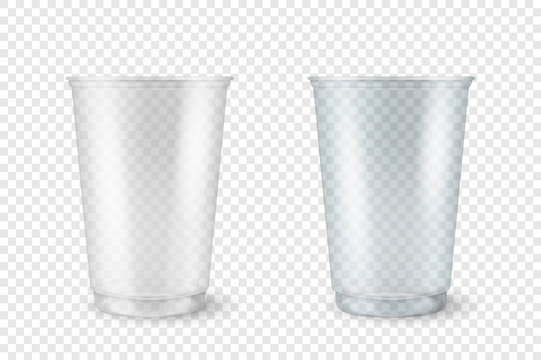 Vector Realistic 3d Empty Clear Plastic Opened, Closed Disposable Cup Set Closeup Isolated On Transparent Background. Design Template Of Milkshake, Tea, Juice Packaging Mockup For Graphics