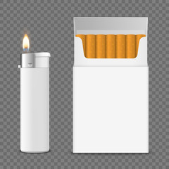 Vector 3d Realistic Closed Clear Blank Cigarette Pack Box with Cigarettes and Lighter with Flame Set Closeup Isolated on Transparent Background. Design Template. Smoke Problem Concept, Tobacco, Mockup