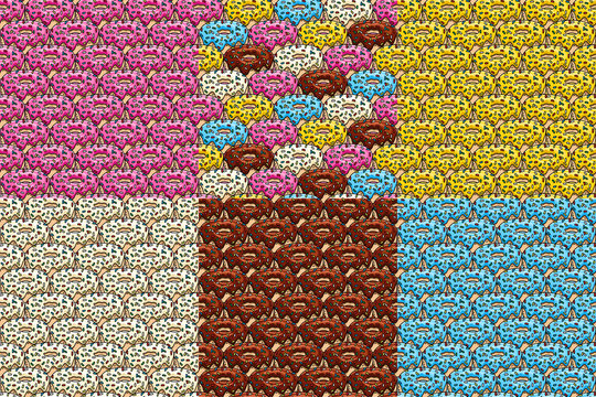 Donuts with pink, chocolate, lemon, blue mint glaze.  Seamless pattern. Texture for fabric, wrapping, wallpaper. Decorative print