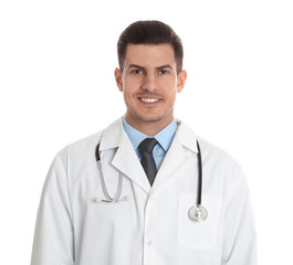 Portrait of doctor with stethoscope on white background