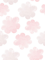 Fototapeta na wymiar Cute Pattern with Fluffy Pink Clouds Isolated on a White Background. Lovely Nursery Art with Watercolor Clouds. Cloudy Sky Print for Pattern, Fabric, Invitation, Textile, Girls Room Decoration.