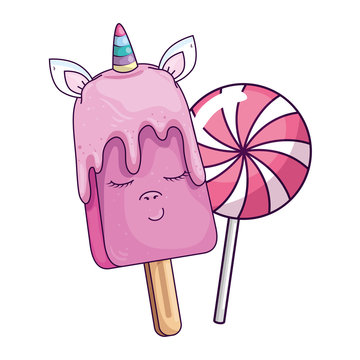 Cute Unicorn Ice Cream Kawaii With Lollipop Vector Illustration Design