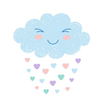 Cute happy cartoon kawaii cloud on white background with heart shaped rain. Dreaming cloud vector illustration