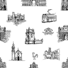Seamless pattern of hand drawn sketch style Portugal related objects isolated on white background. Vector illustration.