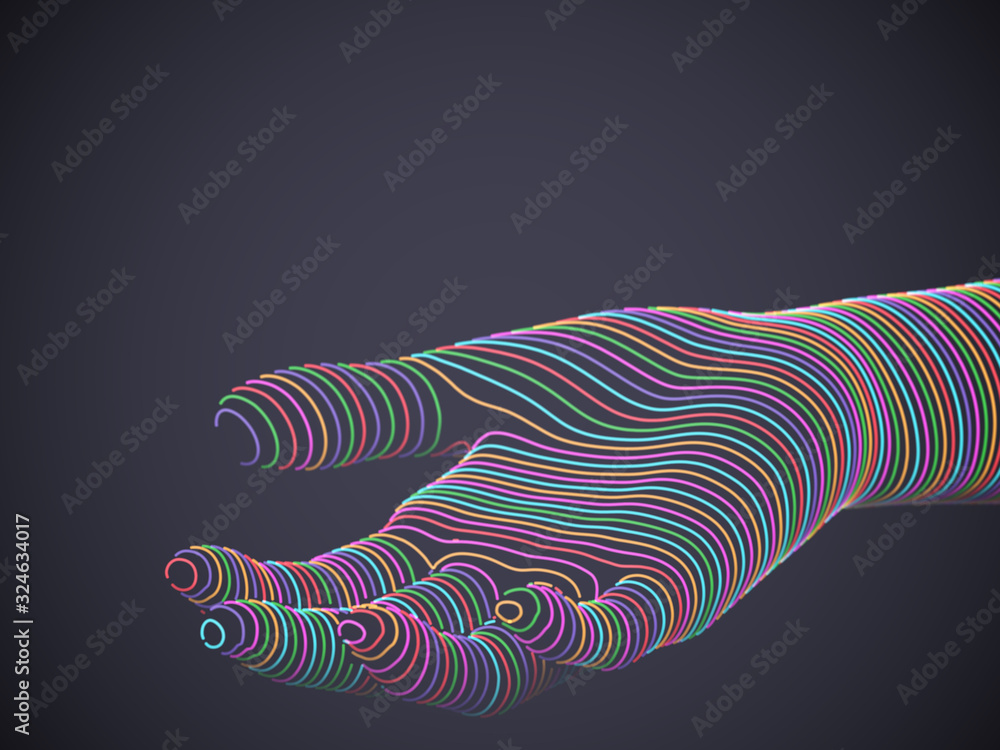 Poster palm woven from multicolored glowing digital threads. assistance or inviting gesture. concept of onl