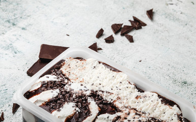 stracciatella Ice cream and chocolate on concrete background