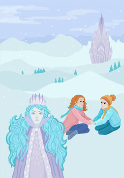 The Snow Queen with young kids. Vector illustration concept for book cover.