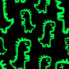Vector seamless pattern of hand drawn grunge dinosaurs graffiti tags on black background. Vector hip hop endless doodle style hand drawn background.
