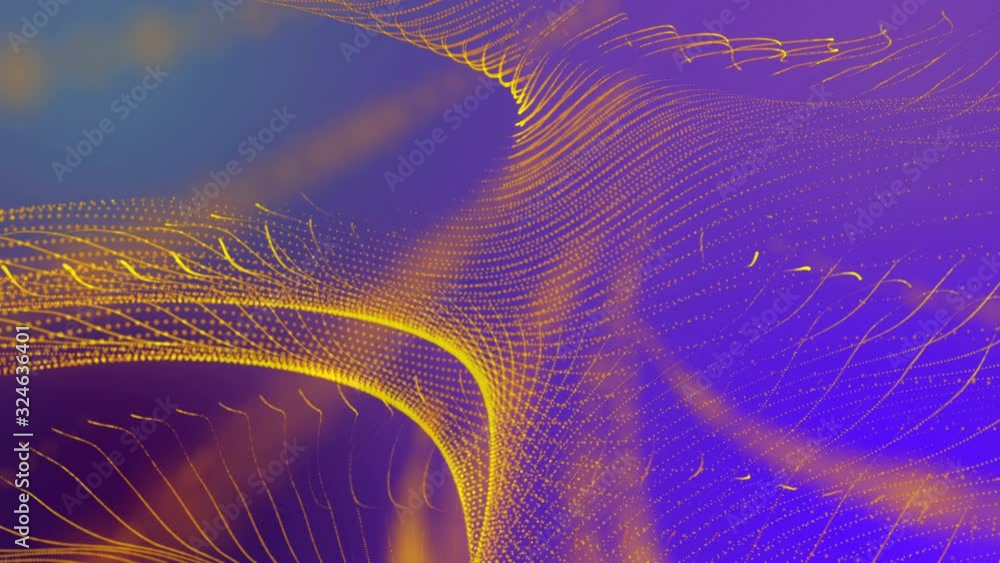 Poster yellow luminous particles fly slowly on a purple background. abstract looped animation. 3d render