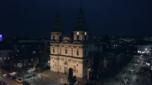 Baroque temple at night. night city aerial photography. Ternopil city Cathedral.