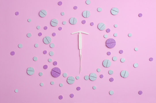 Concept hormonal contraception - pills and IUD, copyspace