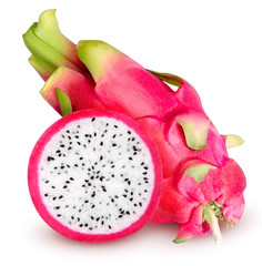 Isolated dragonfruit. One whole pitahaya and slice of white-fleshed pitahaya fruit isolated on...