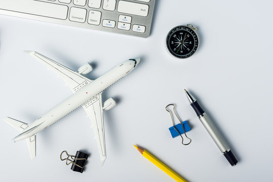 Planning a summer trip by airplane. Making reservation tiket and hotel online, Business travel concept