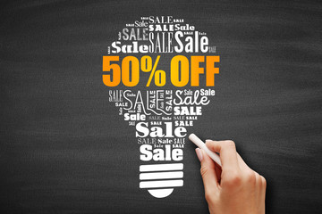50 percent Off Sale light bulb word cloud collage, business concept background