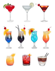 Set of different tasty cocktails on white background
