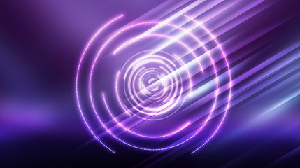 Dark futuristic neon background. Light center, neon circle. Rays and lines, geometric shapes.