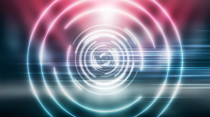 Fototapeta premium Dark futuristic neon background. Light center, neon circle. Rays and lines, geometric shapes.