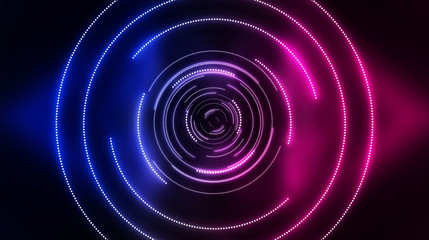 Dark futuristic neon background. Light center, neon circle. Rays and lines, geometric shapes.