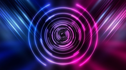 Dark futuristic neon background. Light center, neon circle. Rays and lines, geometric shapes.