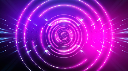 Dark futuristic neon background. Light center, neon circle. Rays and lines, geometric shapes.