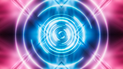 Dark futuristic neon background. Light center, neon circle. Rays and lines, geometric shapes.