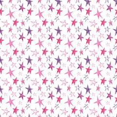 Hand-drawn watercolor pattern of stars on a white background. Suitable for wrapping paper, scrapbooking and baby decor.