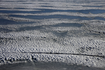 Melting ice on the Baltic Sea. Beautiful texture. Wet half melted ice with some snow on it. Photographed in Finland during a warm and sunny spring day. Is this change of climate or just seasons?