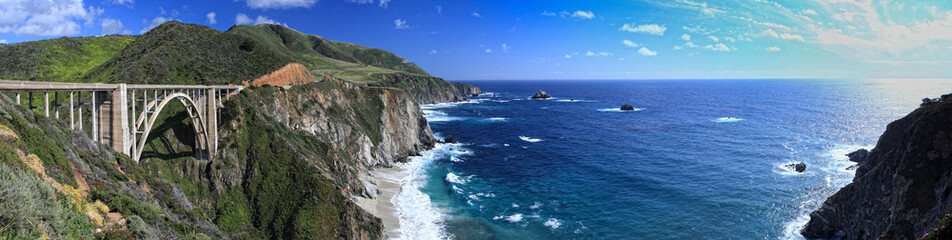 Panoramic View of Bixby Bridge and Highway One on a Sunny Day