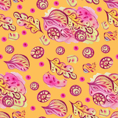 Pink-orange watercolor seamless pattern of plants and decorative elements