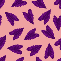 Obraz premium Leaves pattern for textile, print, surface, fabric design. Purple tropical leaves background. Seamless leaves pattern design