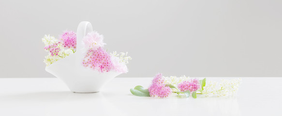 beautiful flowers in white ceramic basket on white background