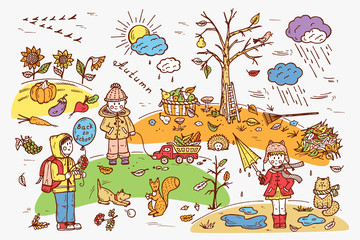 Autumn season. Children. Walk on outdoors. Colorful Background for kids. Hand drawn doodle Childhood set. Rainy weather.