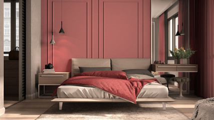 Minimal classic bedroom in red tones with walk-in closet, double bed with duvet and pillows, side tables with lamps, carpet. Parquet and stucco walls, luxury interior design idea