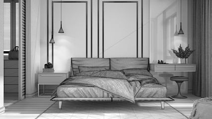 Unfinished project draft, minimal classic bedroom with walk-in closet, double bed with duvet and pillows, side tables and carpet. Parquet and stucco walls, luxury interior design idea