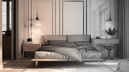 Fototapeta premium Architect interior designer concept: unfinished project that becomes real, minimal classic bedroom with walk-in closet, bed with duvet, side tables and carpet, luxury interior idea