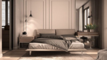 Fototapeta na wymiar Blur background interior design, minimal classic bedroom in beige tones with walk-in closet, double bed with duvet and pillows, side tables with lamp, carpet. Parquet and stucco walls
