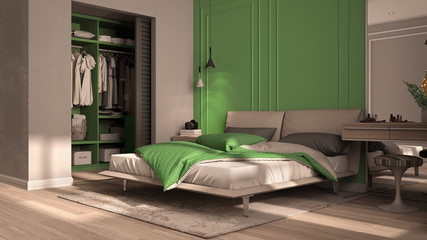 Minimal classic bedroom in green tones with walk-in closet, double bed with duvet and pillows, side tables with lamps, carpet. Parquet and stucco walls, luxury interior design idea