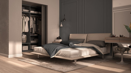 Minimal classic bedroom in green tones with walk-in closet, double bed with duvet and pillows, side tables with lamps, carpet. Parquet and stucco walls, luxury interior design idea