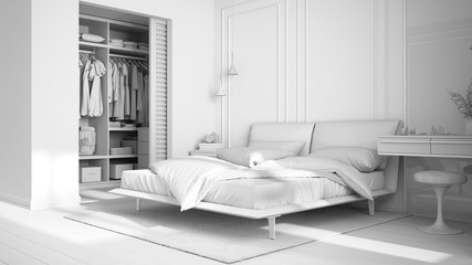Total white project draft, minimal classic bedroom with walk-in closet, double bed with duvet and pillows, side table and carpet. Parquet and stucco walls, luxury interior design idea